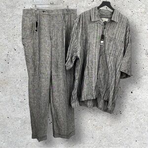 Bergati Linen Button Up‎ Shirt Pant Set Mens 3XL 42 Pleated Wide Leg Coastal